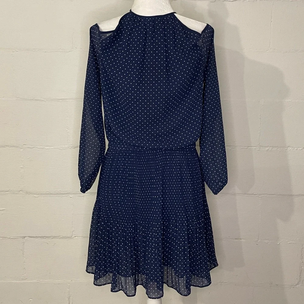 Michael Kors Navy and White Polka Dot Cold-Shoulder Long-Sleeve Dress